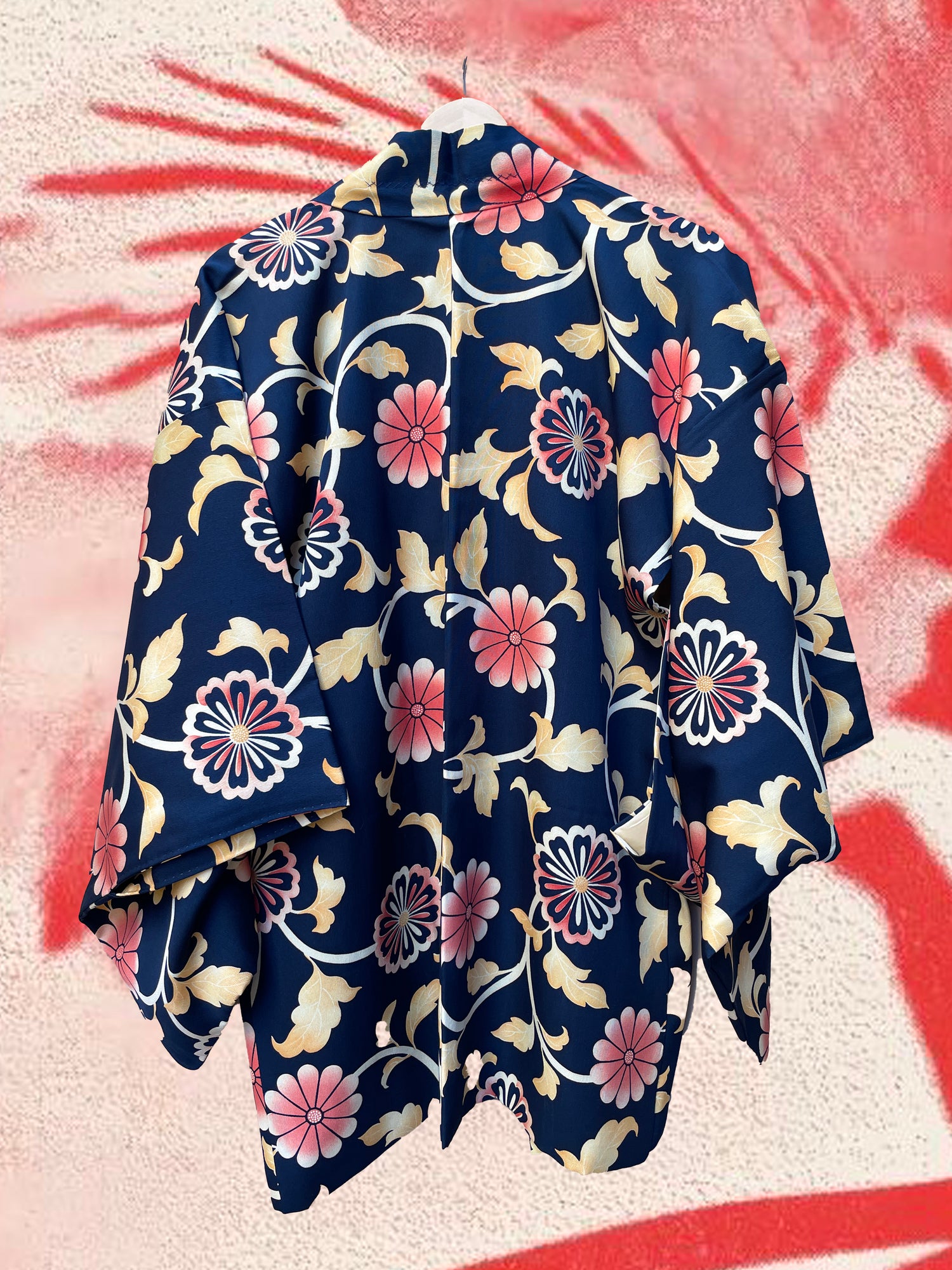 Haori Jacket Dark Blue with Flowers Motif in Crepe Silk