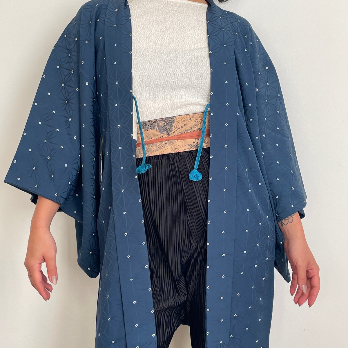 Haori Asahona Pattern in Dark Blue Silk