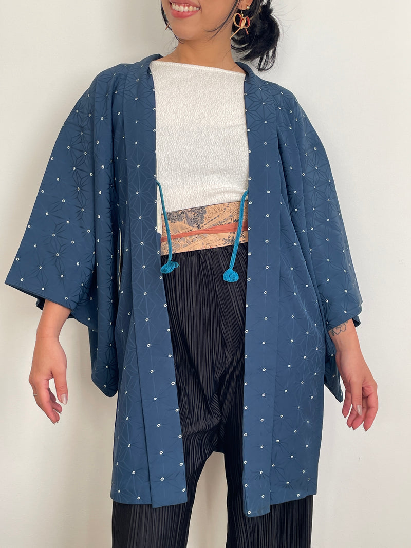 Haori Asahona Pattern in Dark Blue Silk
