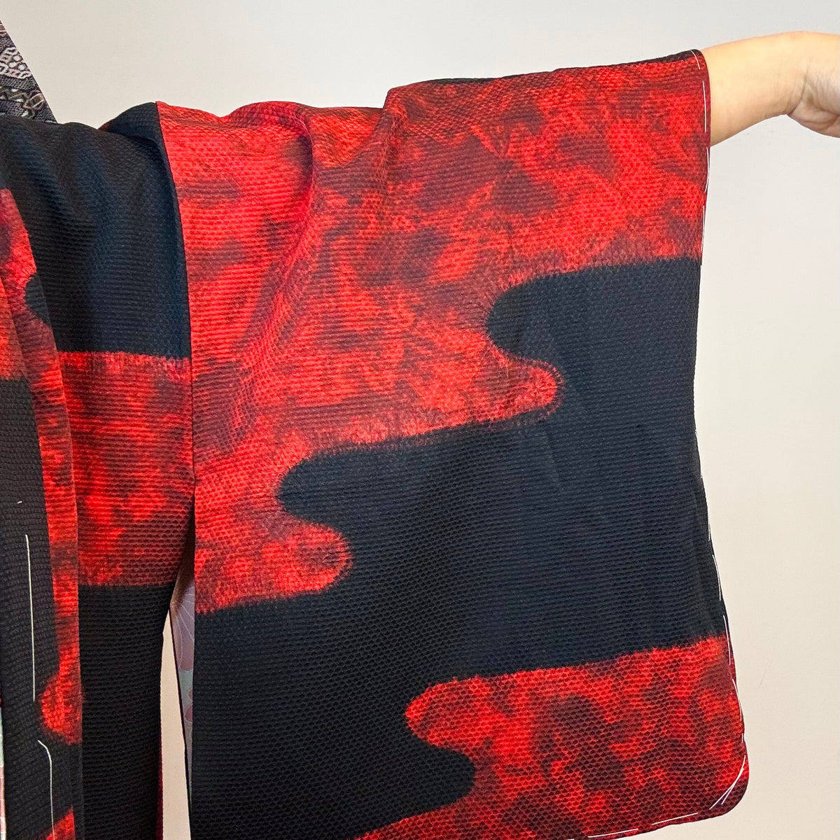 Haori Black with Red Clouds made in Shibori Technique in Silk
