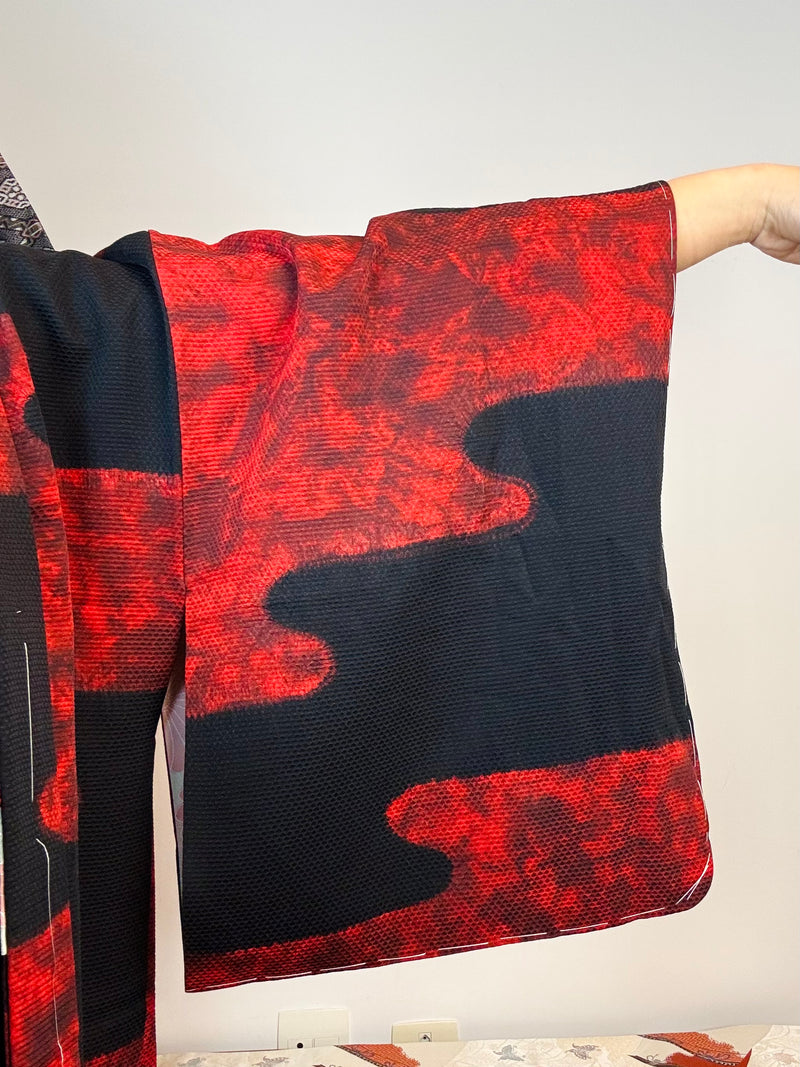 Haori Black with Red Clouds made in Shibori Technique in Silk