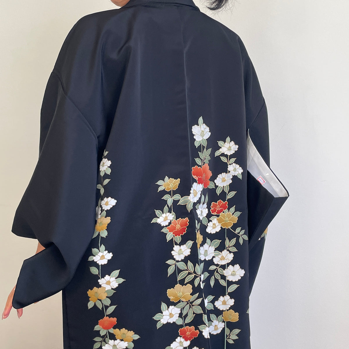 Haori Black with Painted Peonies in Silk