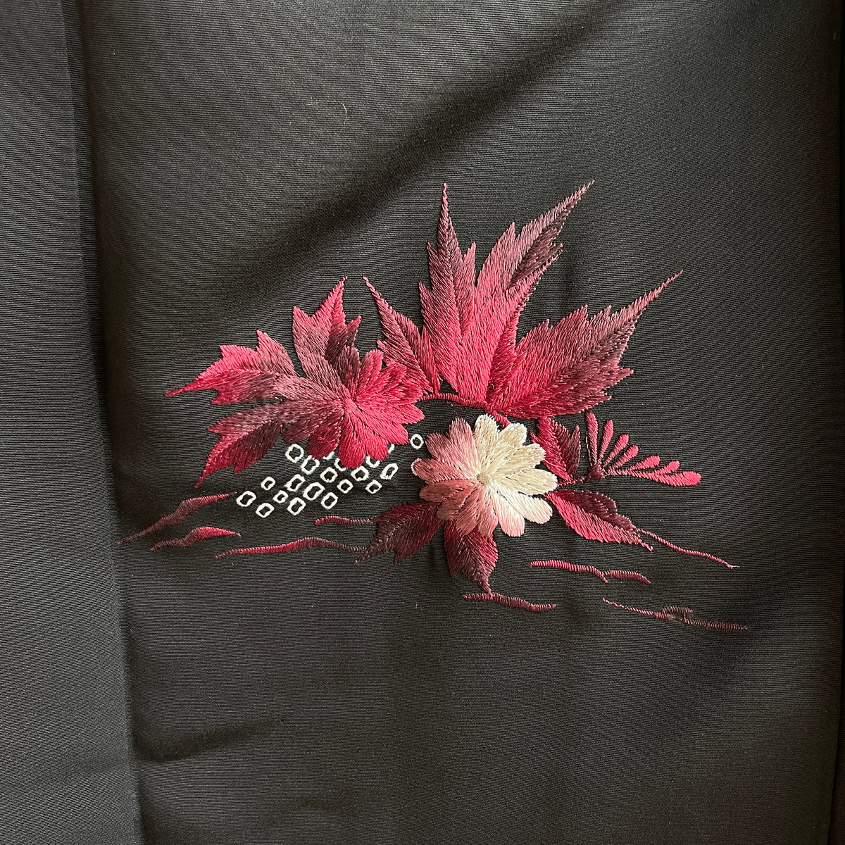 Haori Black with Dark Red Flowers Embroidered in Silk