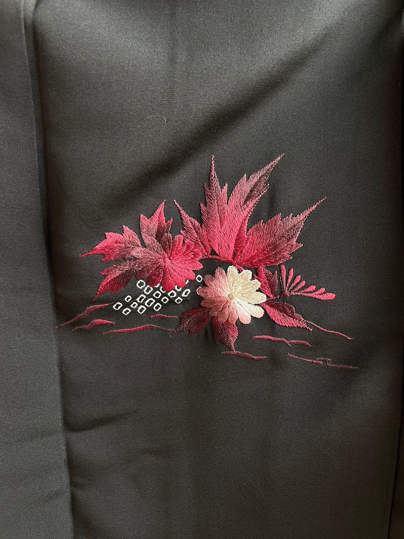 Haori Black with Dark Red Flowers Embroidered in Silk