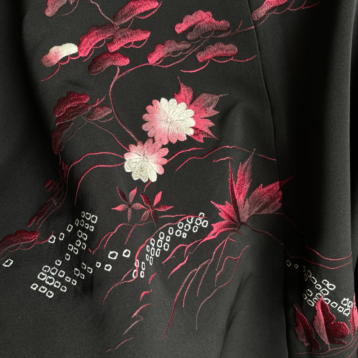 Haori Black with Dark Red Flowers Embroidered in Silk