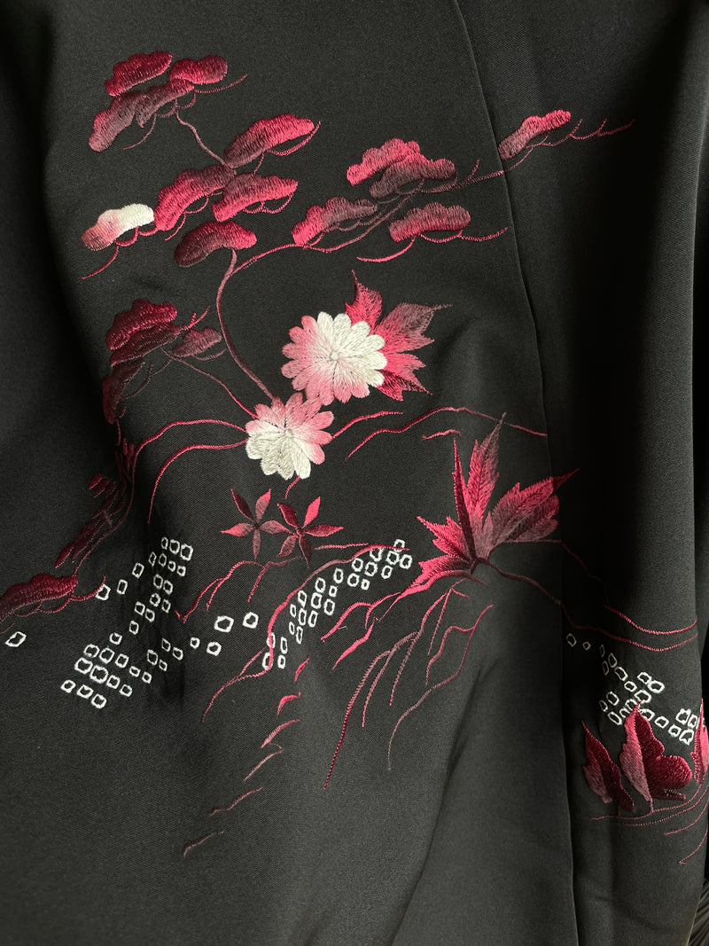 Haori Black with Dark Red Flowers Embroidered in Silk