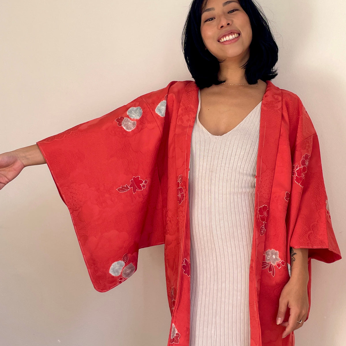 Haori Coral Pink with Hawaian Flowers in Silk