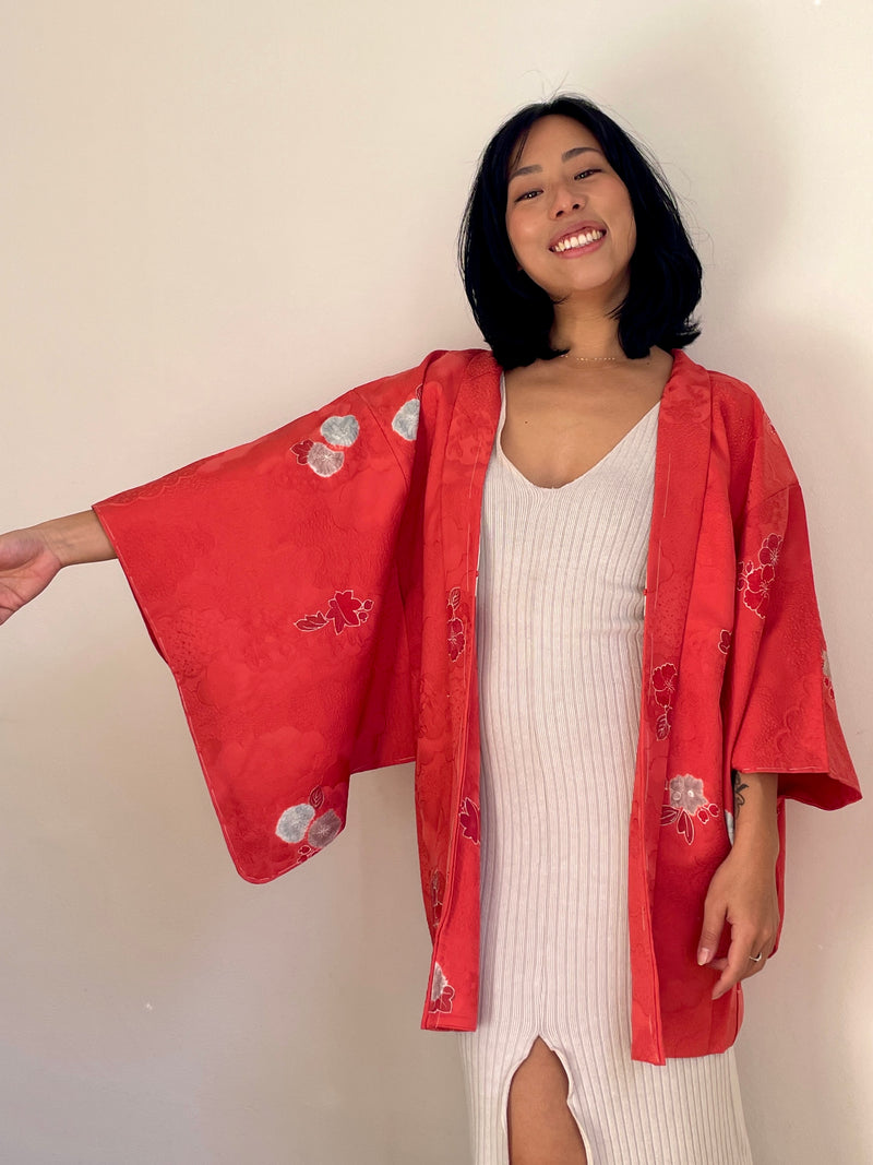 Haori Coral Pink with Hawaian Flowers in Silk