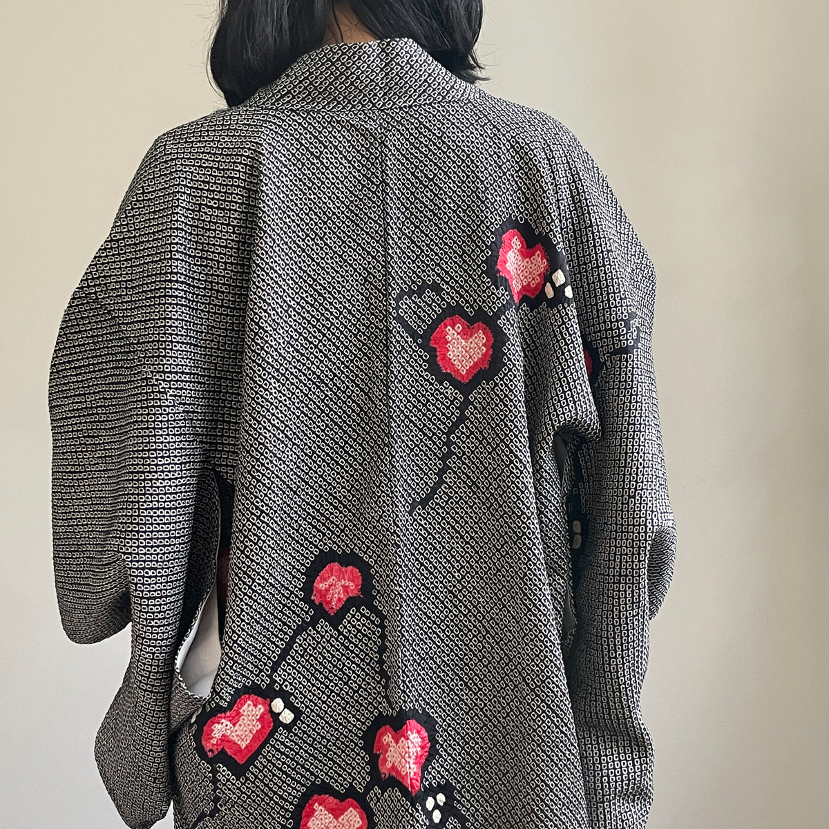 Haori Black Shibori Pink Flowers