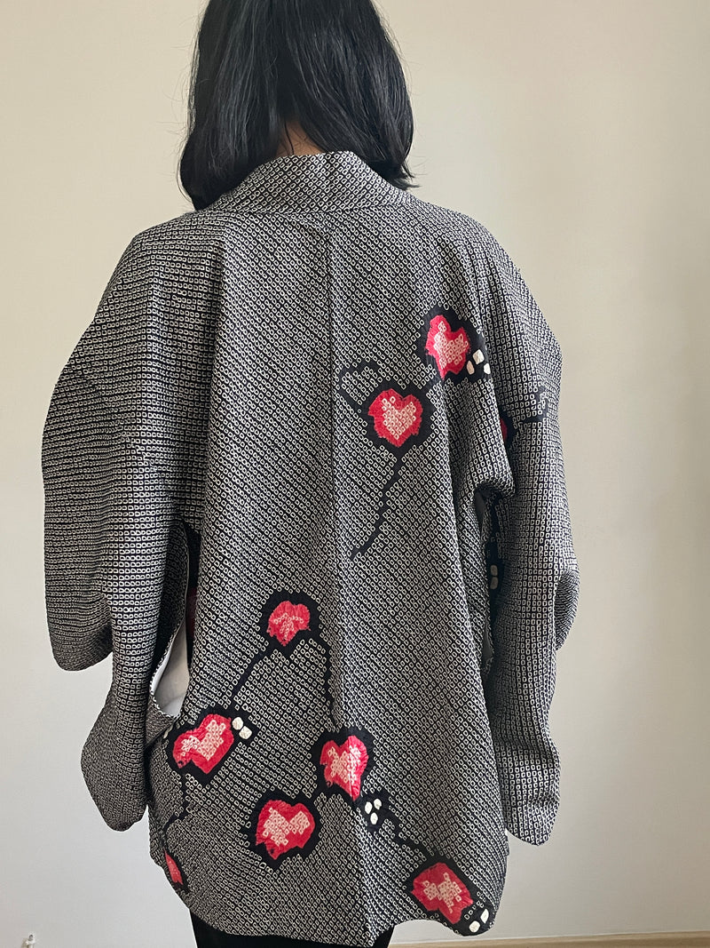 Haori Black Shibori Pink Flowers