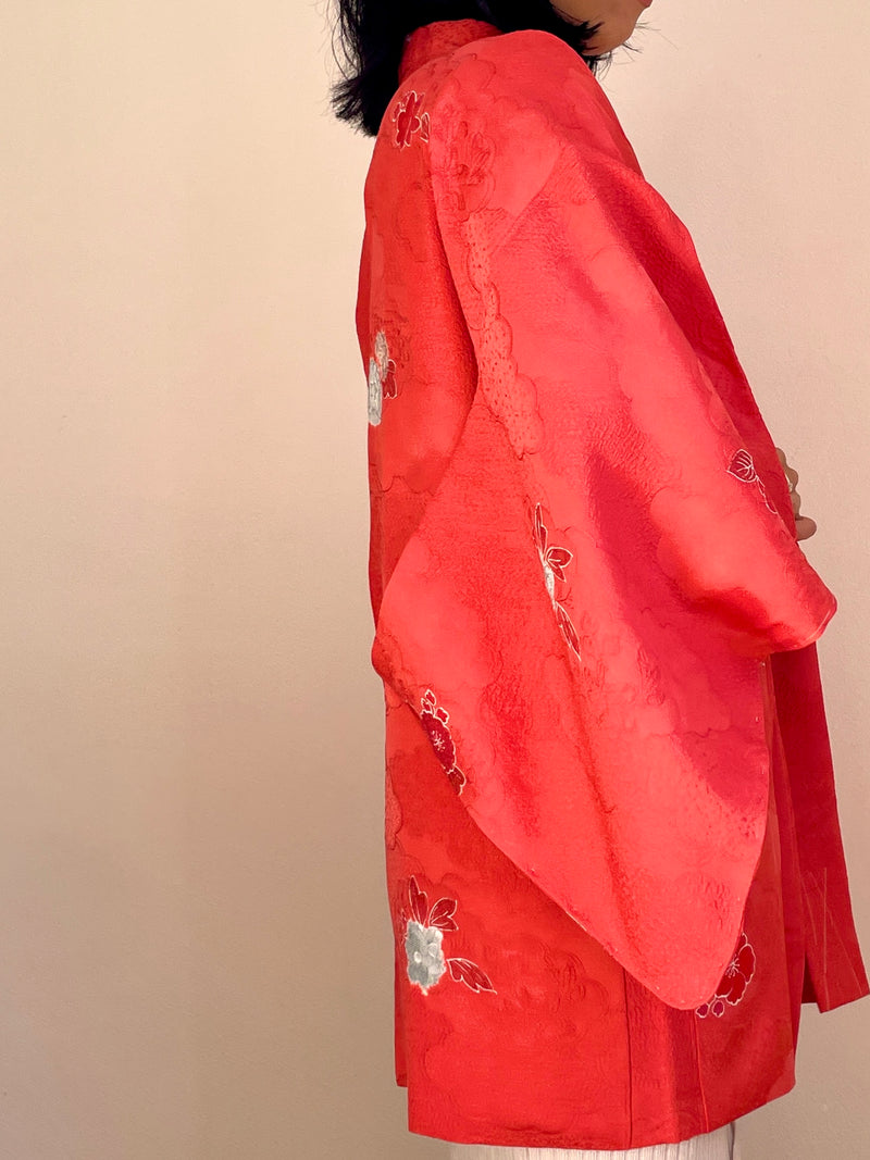 Haori Coral Pink with Hawaian Flowers in Silk