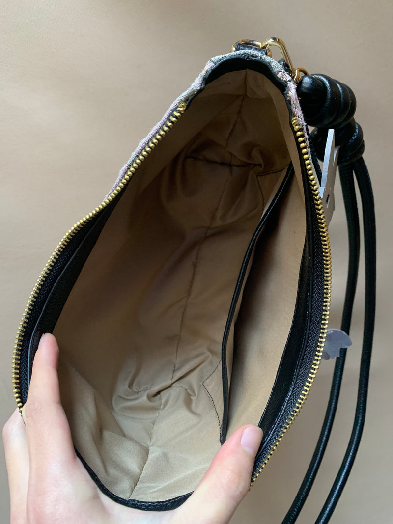 Aiko Bag: Black Metallic Black Peacock from Embroidered Obi Sash with Black Leather Strap