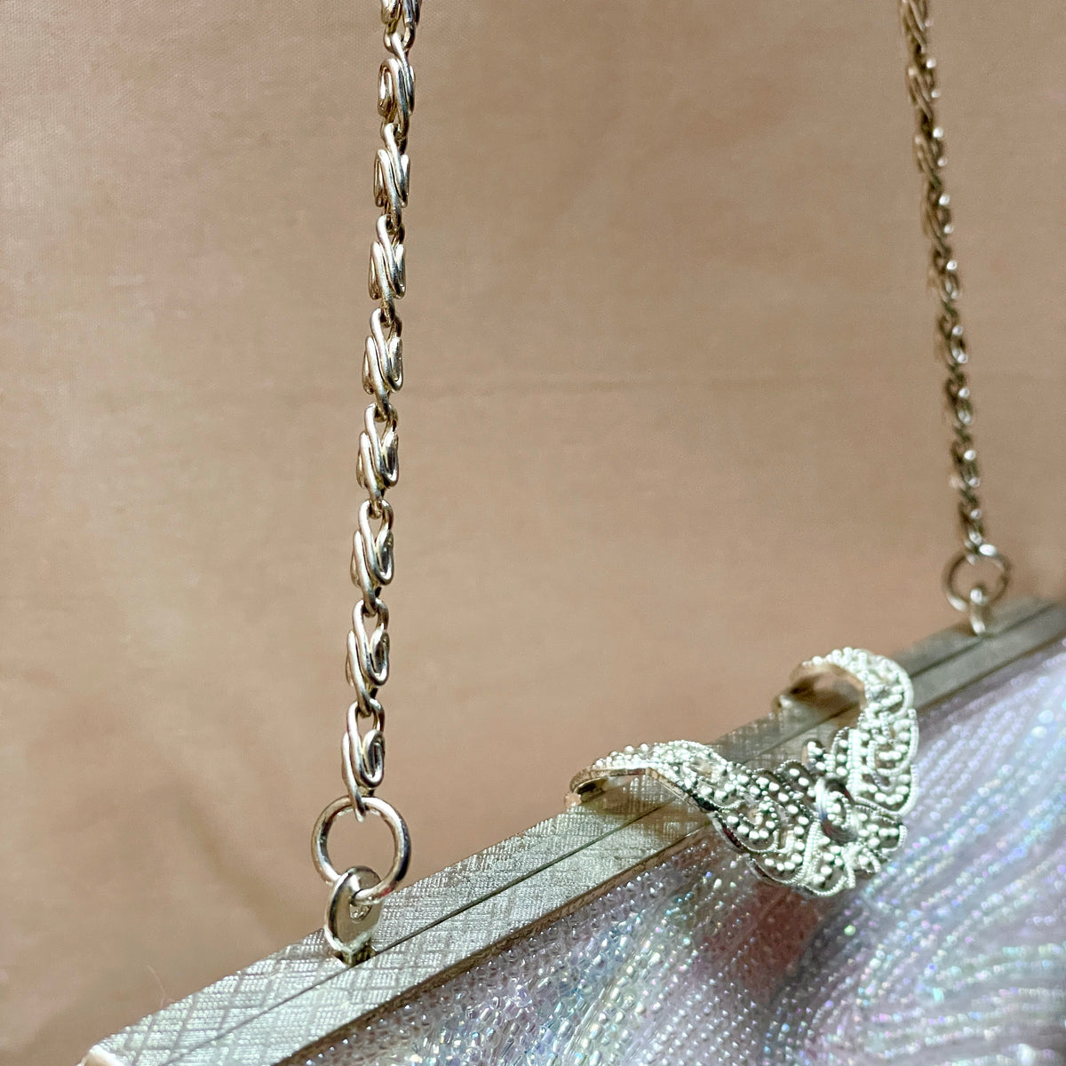 Beaded Handbag Pale Pink with Embroidered Colorful Waves
