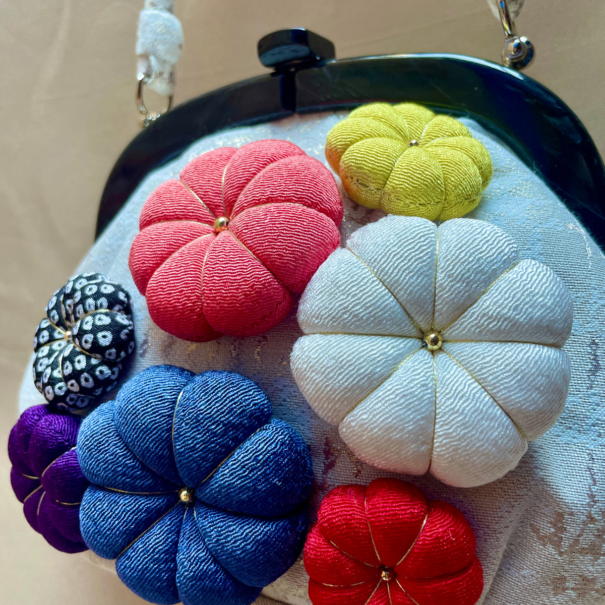 Japanese Handbag with Chirimen Flowers in Kimono Fabric