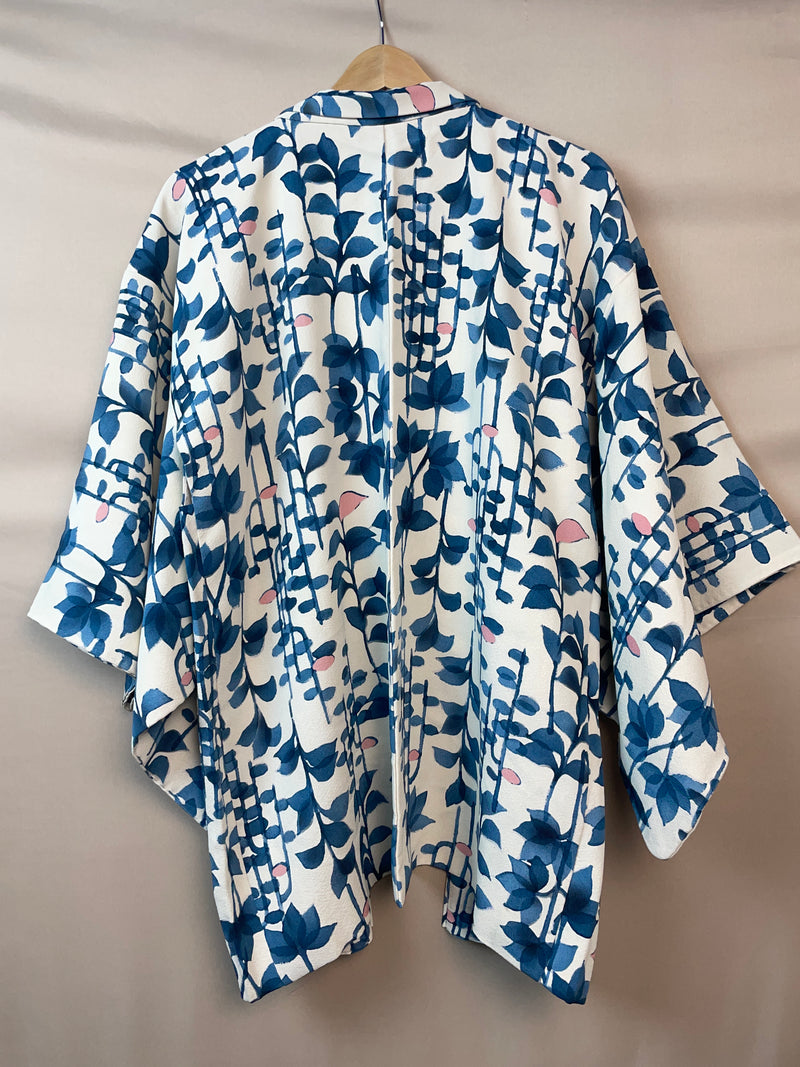 Haori White with Blue Watercolor Leaves
