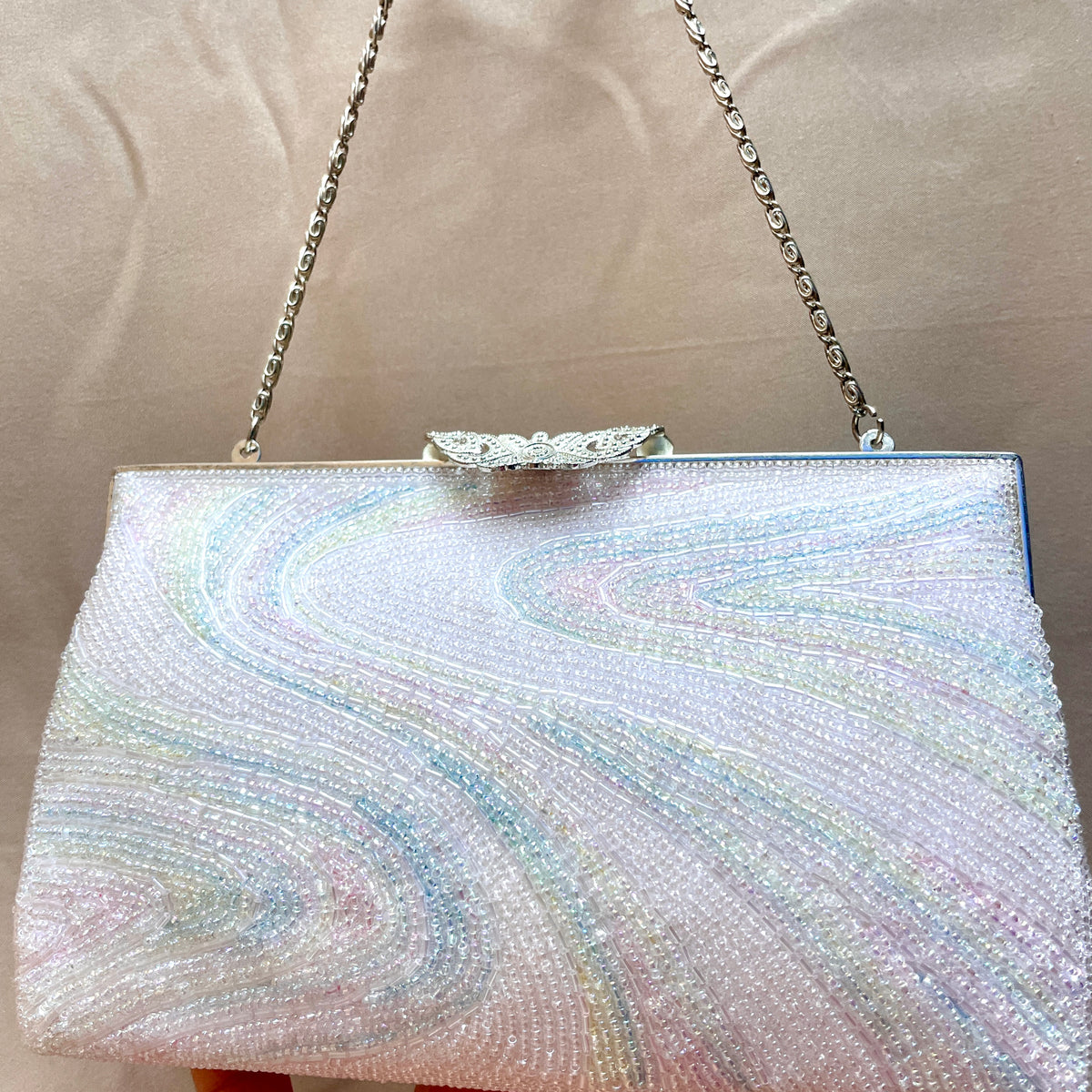 Beaded Handbag Pale Pink with Embroidered Colorful Waves