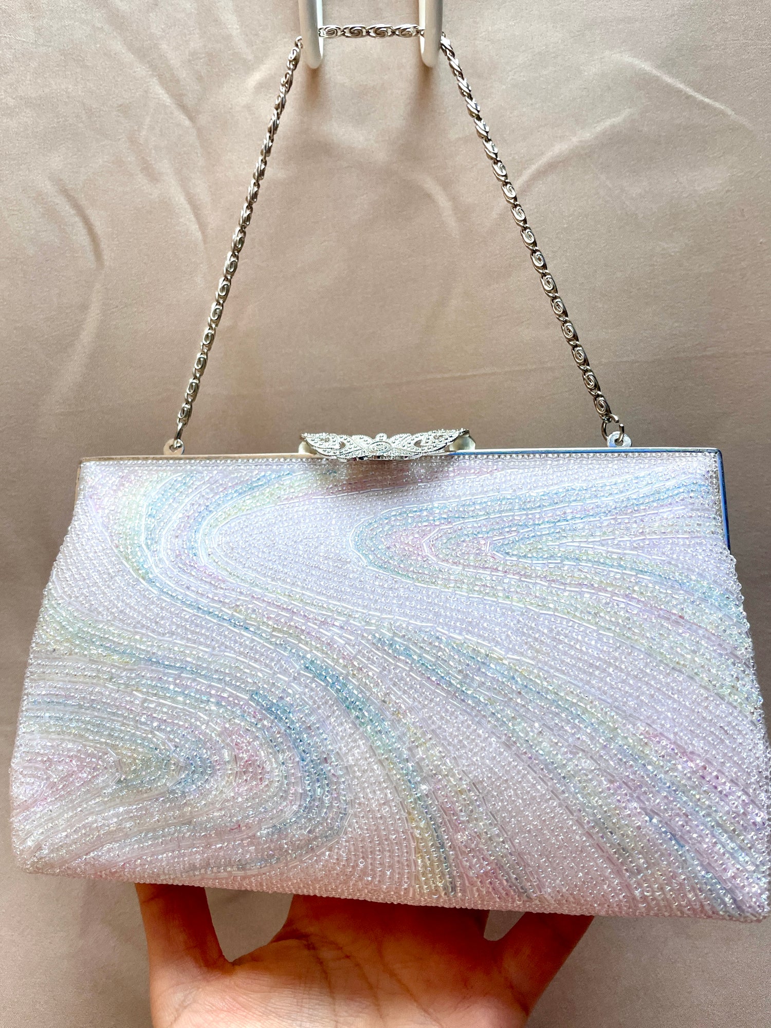 Beaded Handbag Pale Pink with Embroidered Colorful Waves