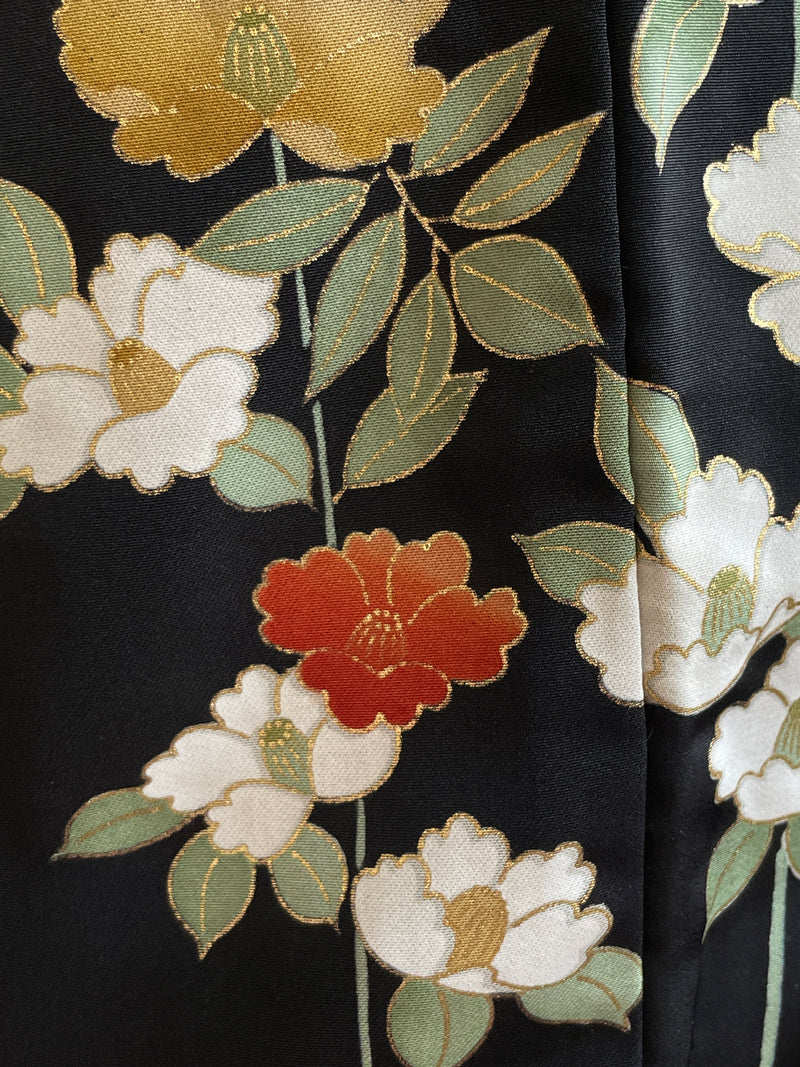 Haori Black with Painted Peonies in Silk
