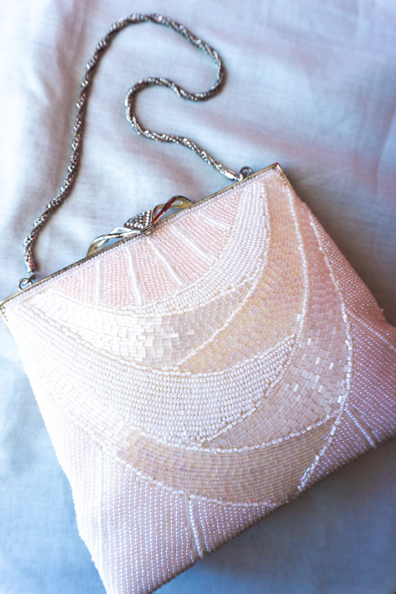 Vintage Japanese Beaded Handbag in White and Light Pink