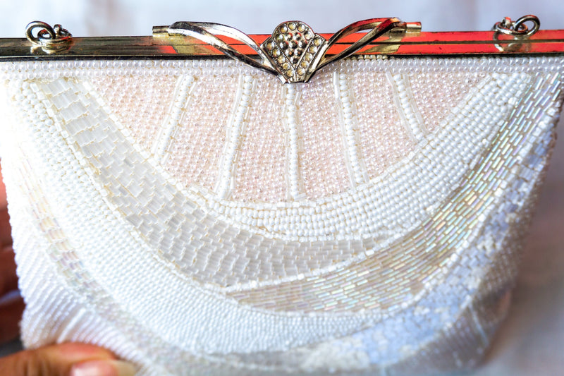 Vintage Japanese Beaded Handbag in White and Light Pink
