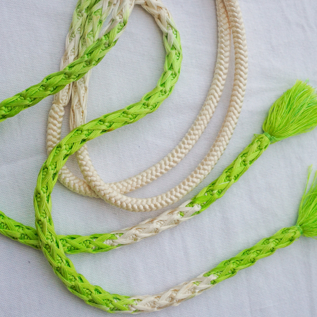 Obijime Braided White with Neon Green