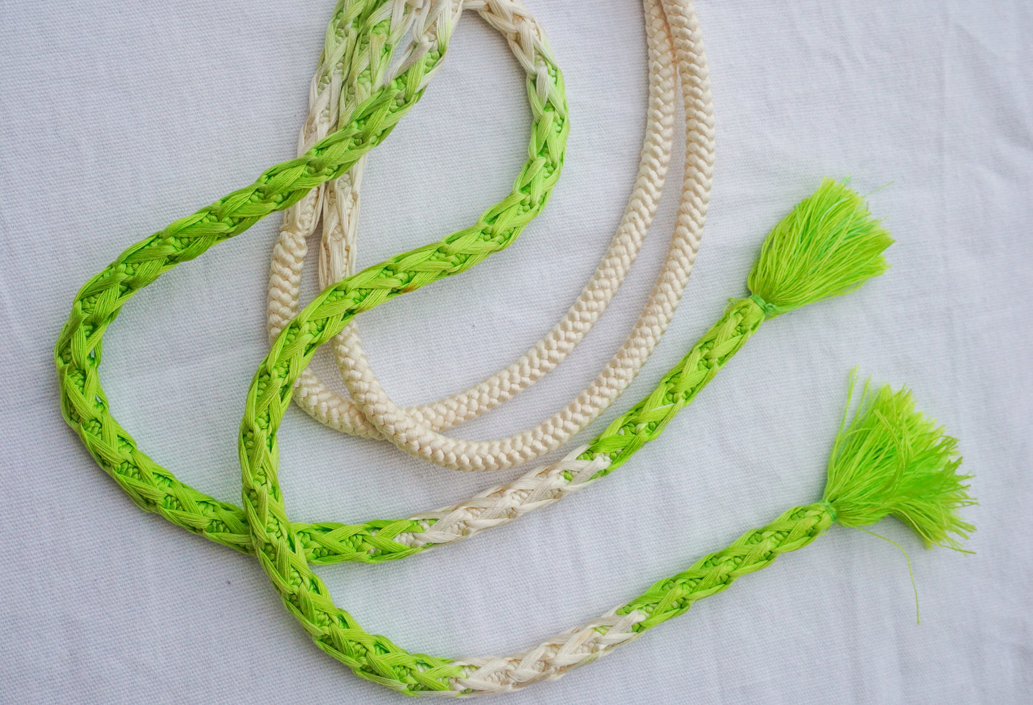 Obijime Braided White with Neon Green
