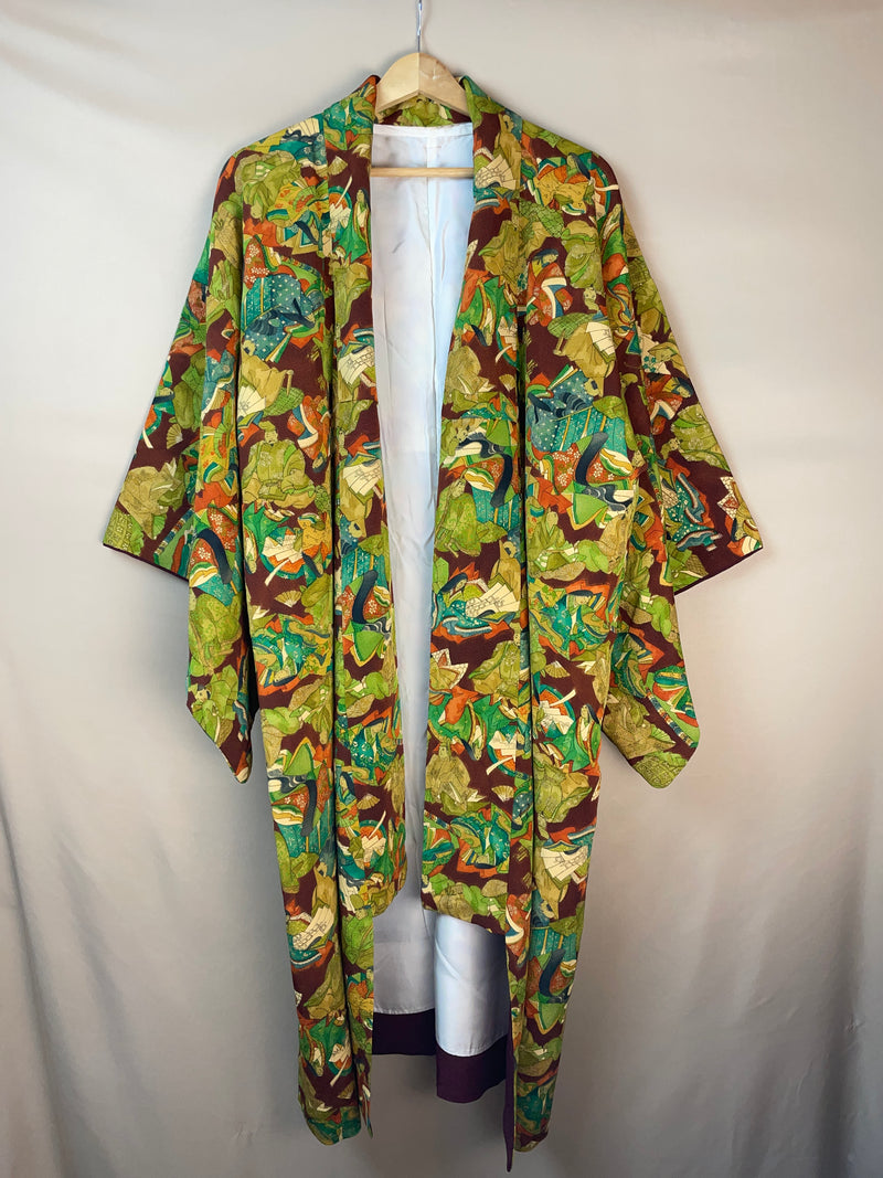 Kimono Dark Brown with Green Pattern of People in Kimono