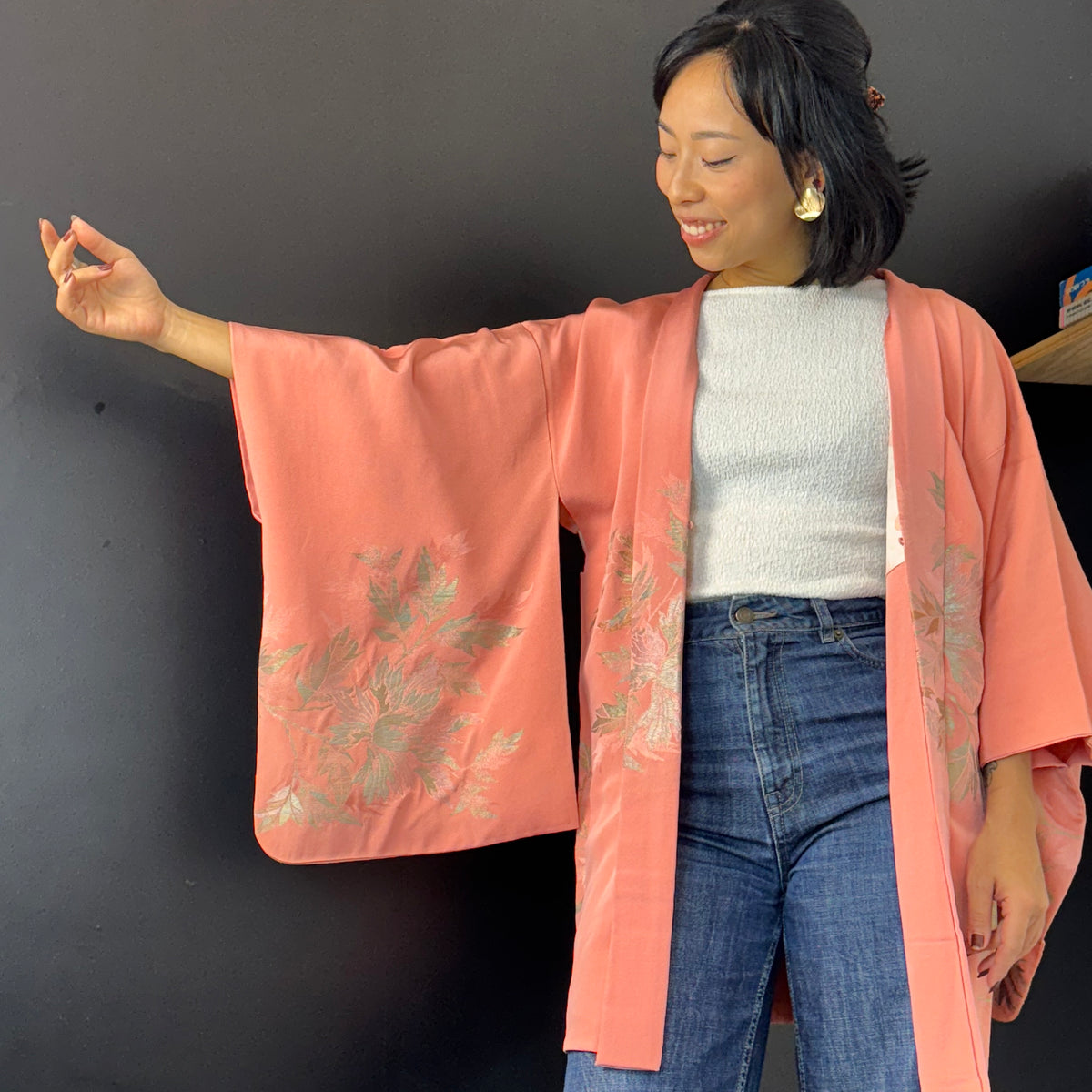 Haori Pink with Metallic Flowers Embroidered in Silk Crepe