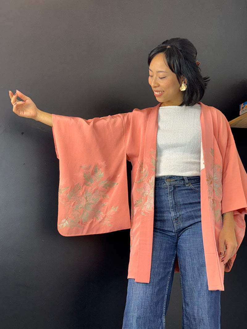 Haori Pink with Metallic Flowers Embroidered in Silk Crepe