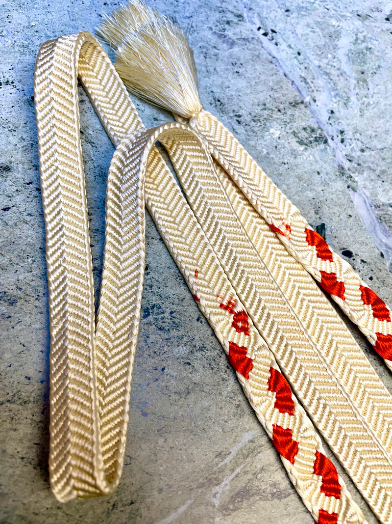 Obijime Belt Flat White and Red Petals in Silk