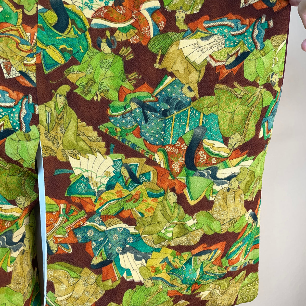 Kimono Dark Brown with Green Pattern of People in Kimono