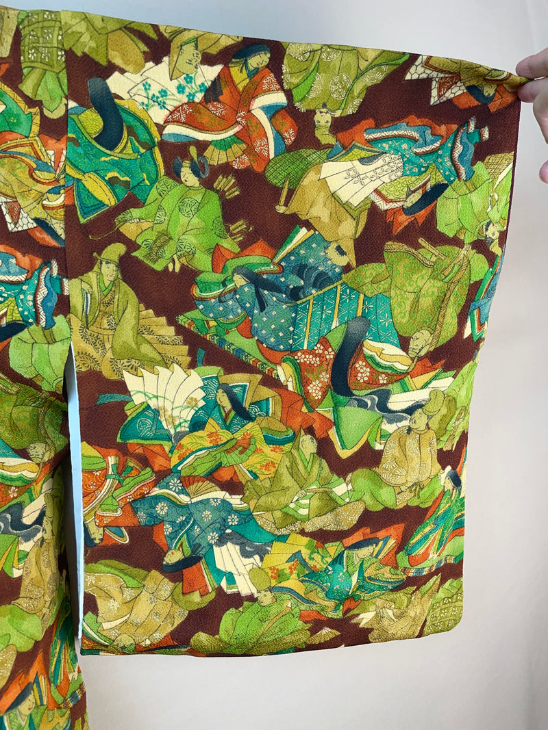 Kimono Dark Brown with Green Pattern of People in Kimono