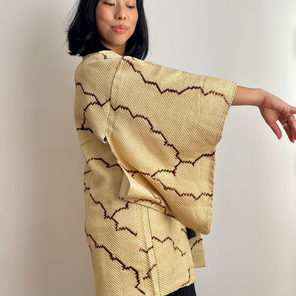 Haori Shibori Yellow with Chocolate Lines in Silk