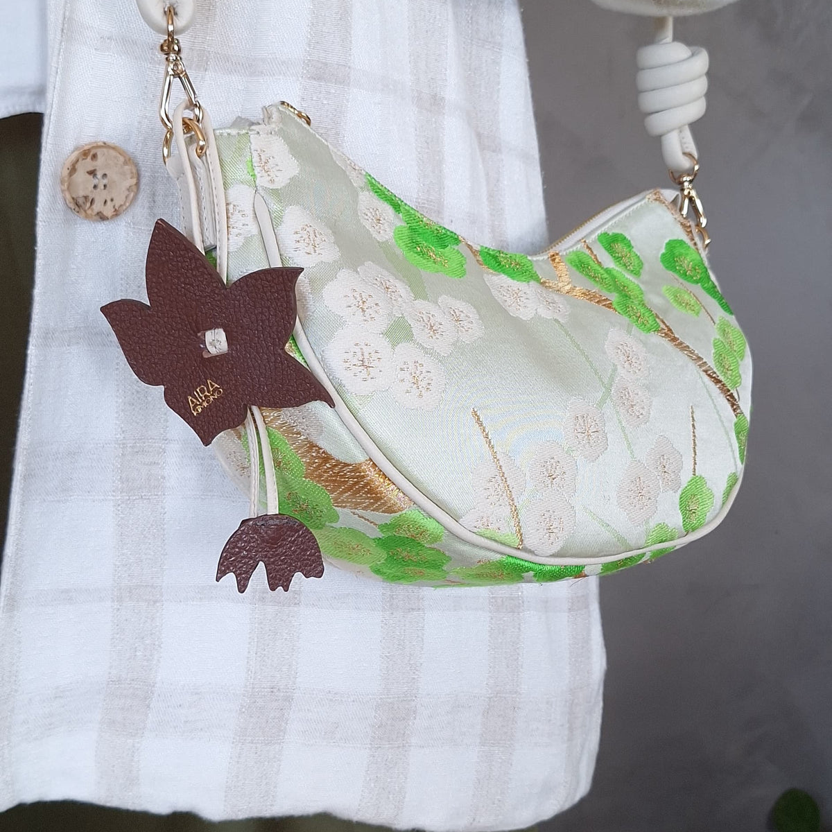 Aiko Bag: Green Sakura Embroidered in Silk from Vintage Japanese Obi Sash with White Leather Strap