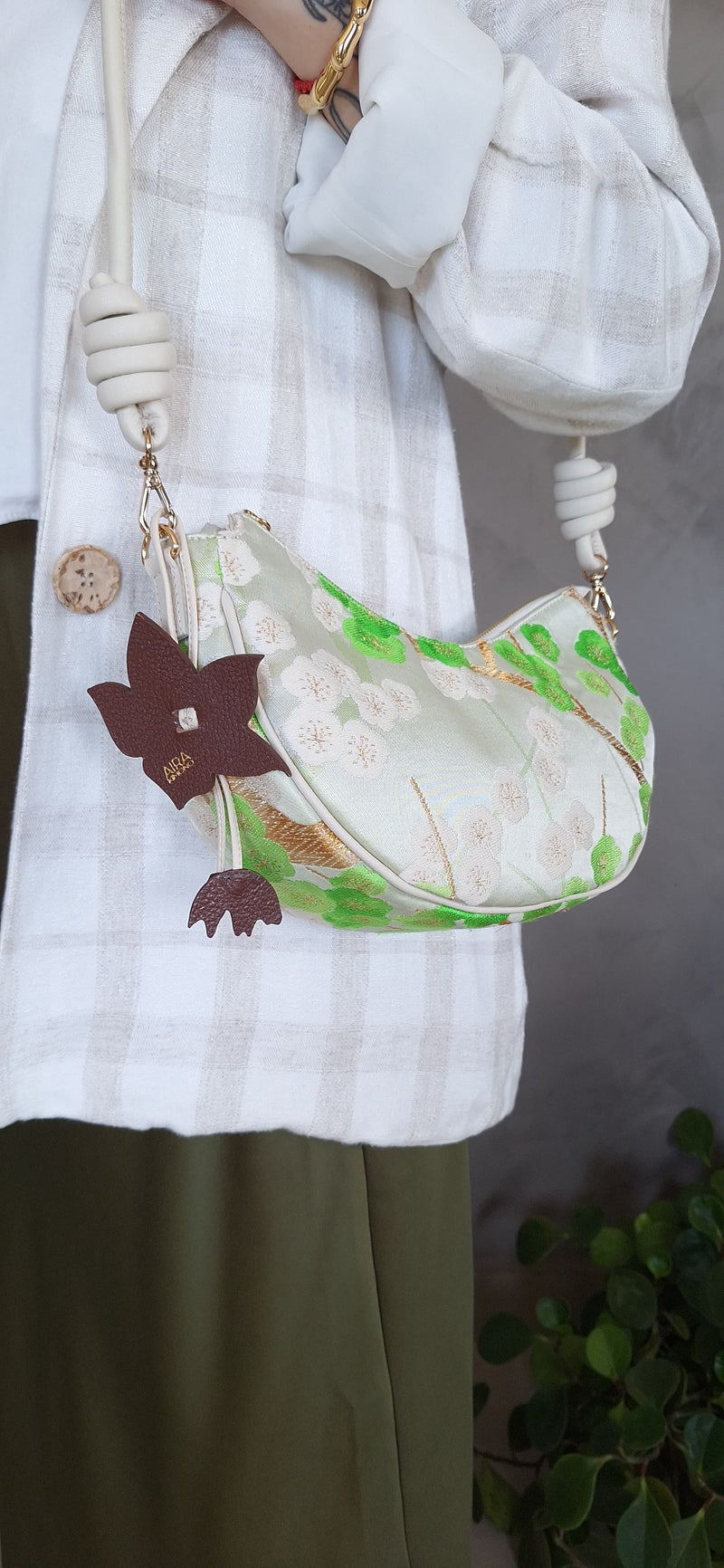 Aiko Bag: Green Sakura Embroidered in Silk from Vintage Japanese Obi Sash with White Leather Strap