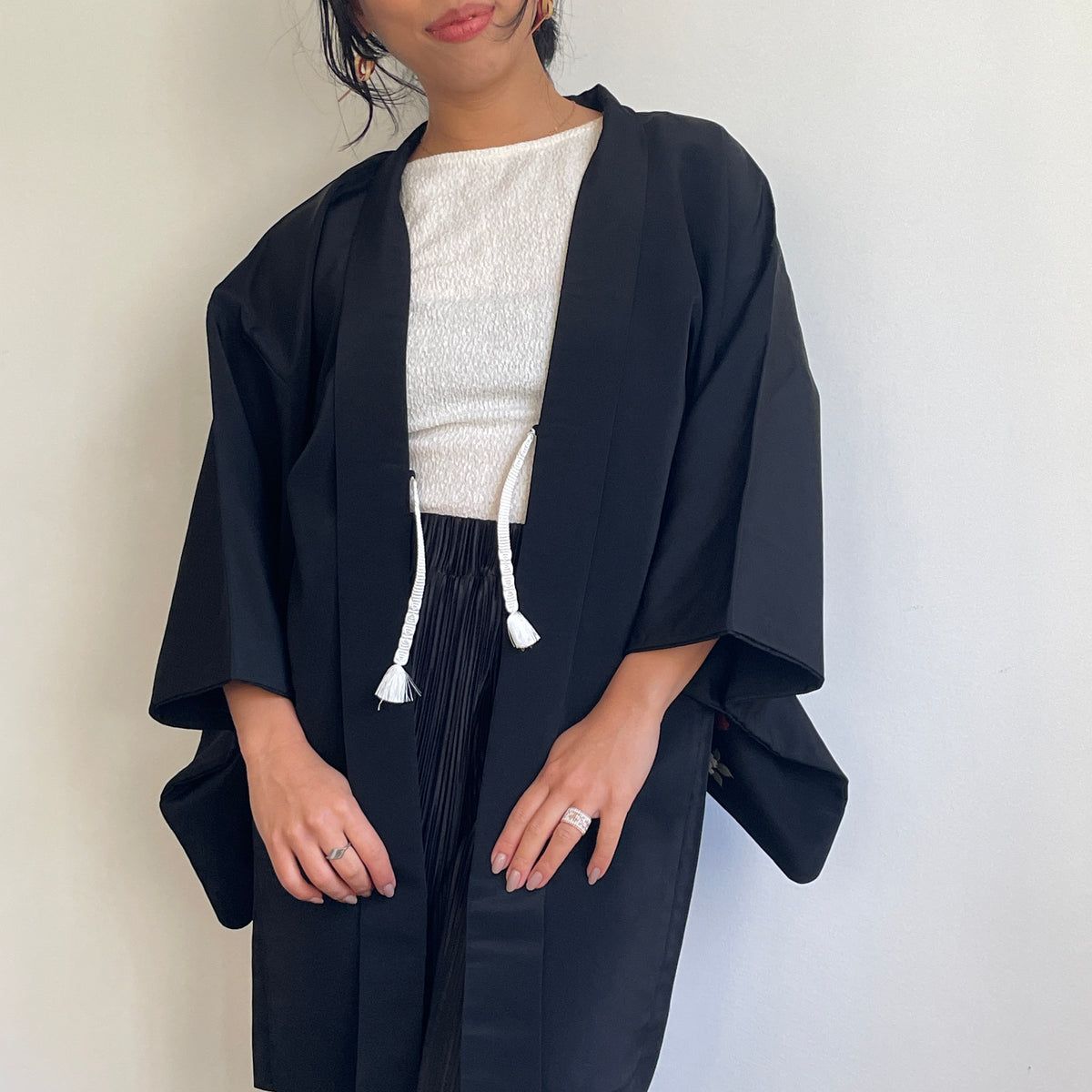 Haori Black with Painted Peonies in Silk