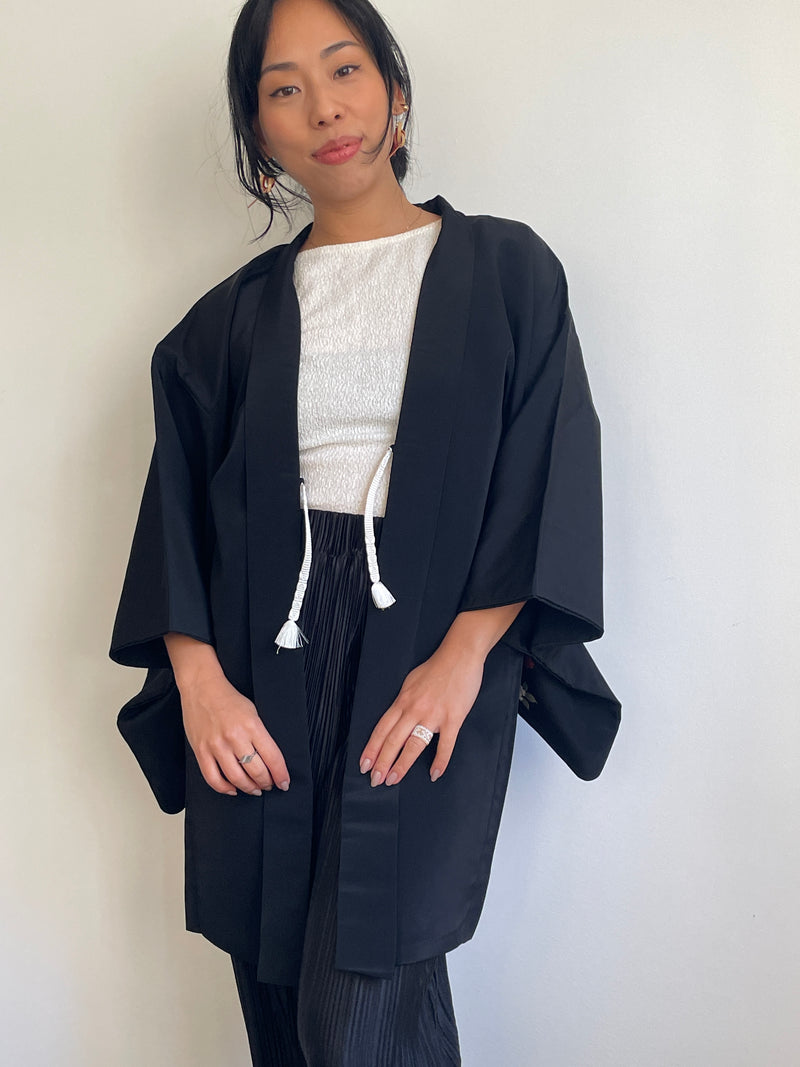 Haori Black with Painted Peonies in Silk