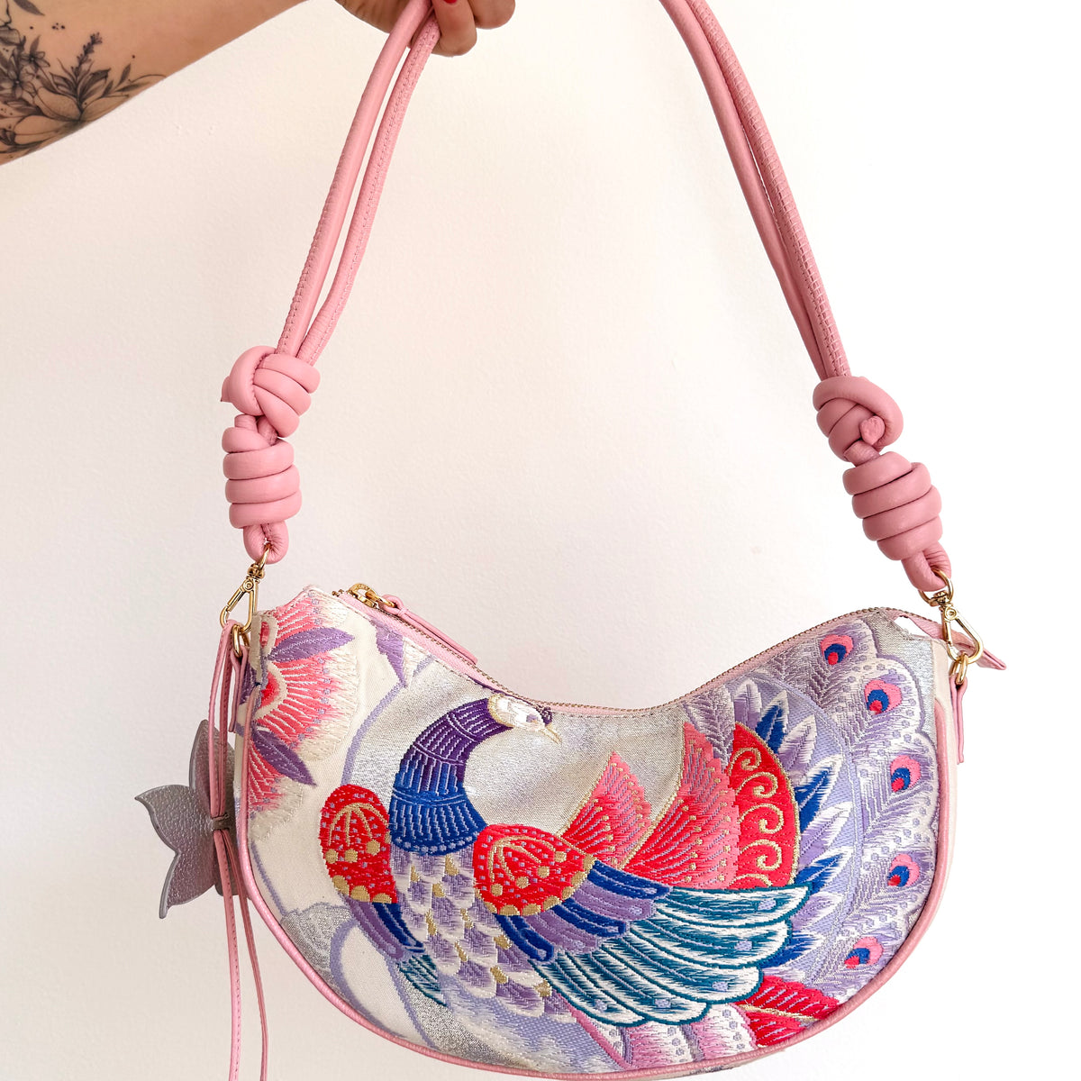 Aiko Bag: Metallic Pink and Blue Peacock and Flowers from Embroidered Obi Sash with Pink Leather Strap
