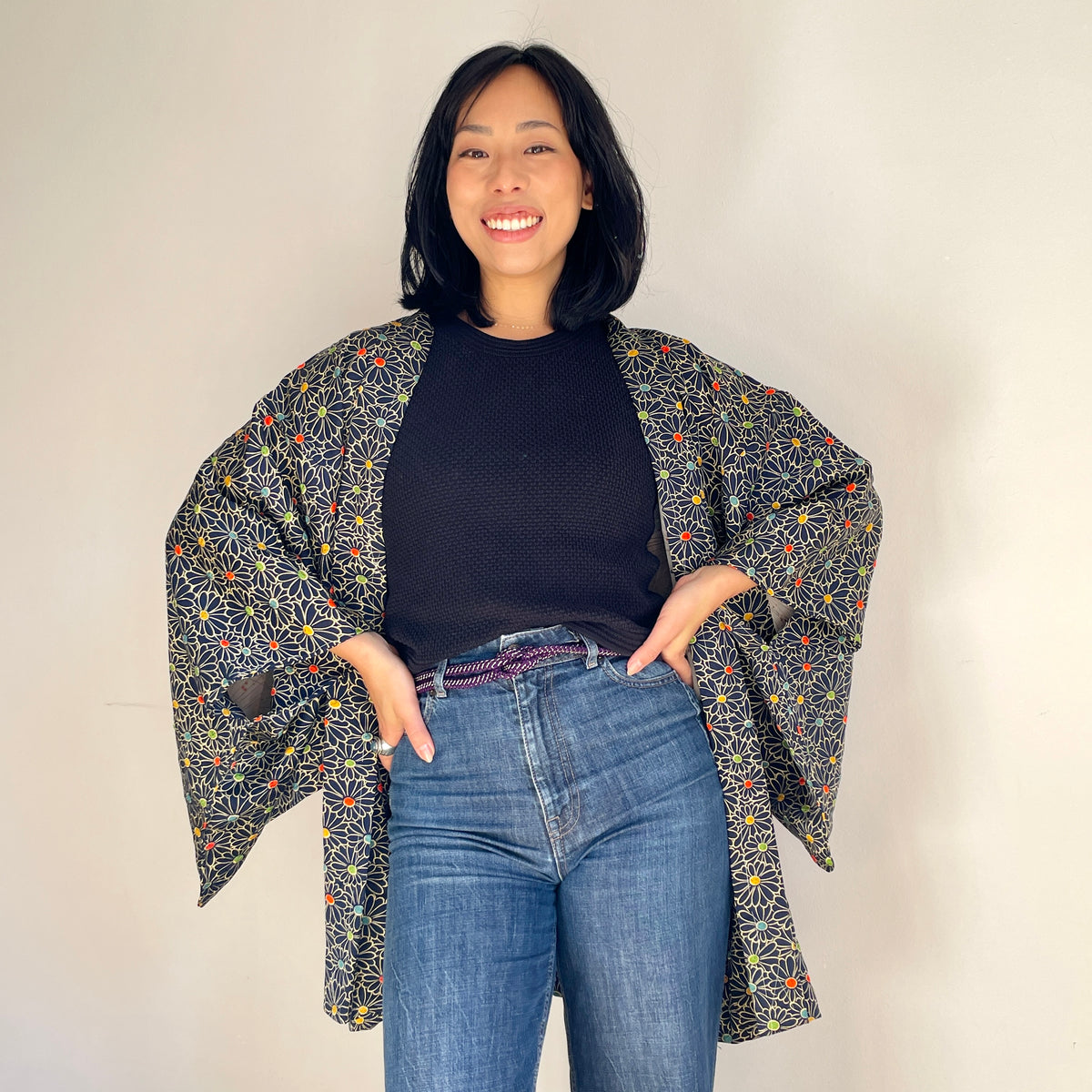 Haori Confetti Dark Blue with Flowers Pattern made in Shibori Technique in Silk
