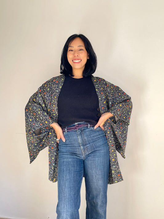 Haori Confetti Dark Blue with Flowers Pattern made in Shibori Technique in Silk
