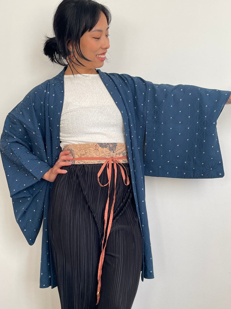 Haori Asahona Pattern in Dark Blue Silk