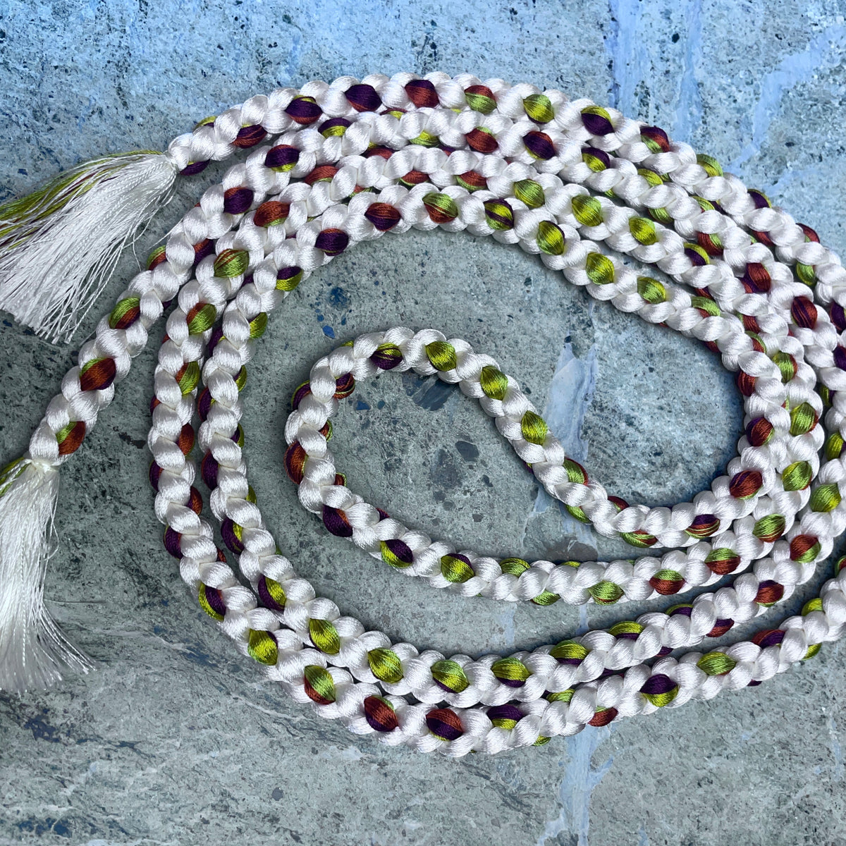 Obijime Belt Braided in White with Green and Red in Silk