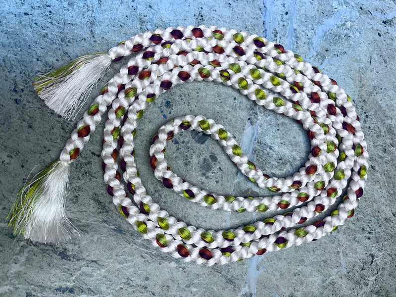 Obijime Belt Braided in White with Green and Red in Silk