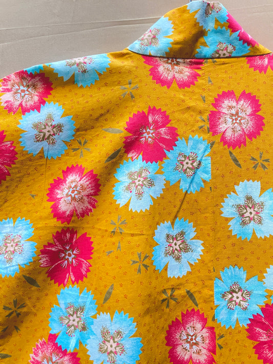 Yukata Kimono in Ochre Yellow Gold with Flowers in Cotton