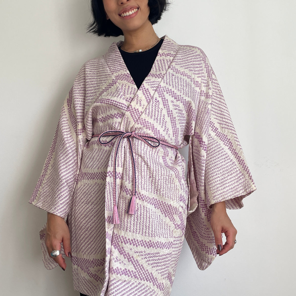 Haori White with Shibori Technique in Purple Silk