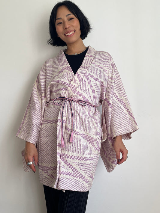 Haori White with Shibori Technique in Purple Silk