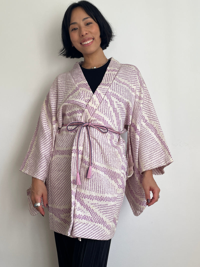 Haori White with Shibori Technique in Purple Silk
