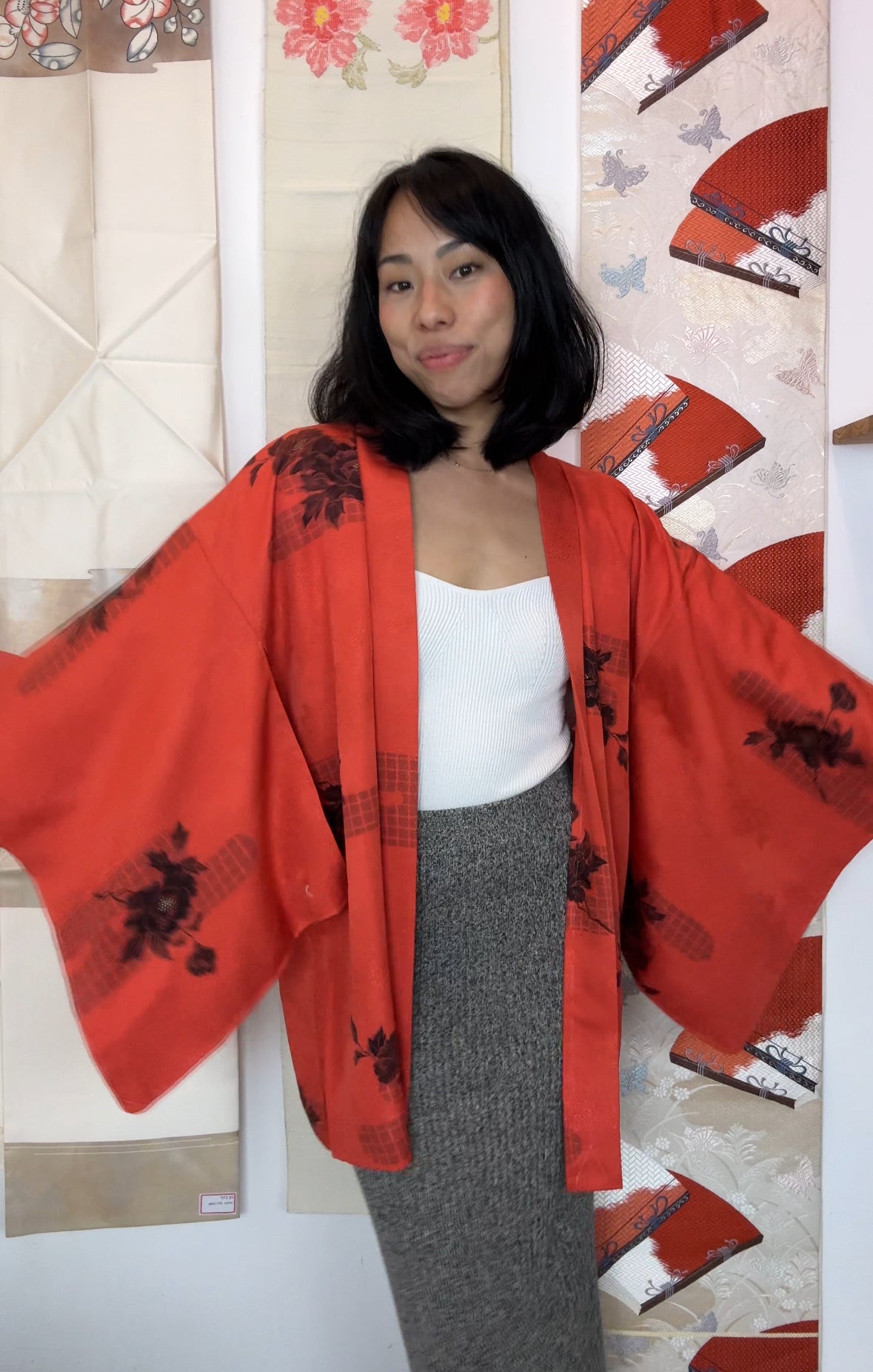 Haori Hot Orange with Flowers in Silk