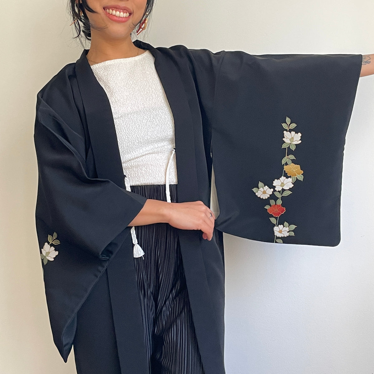 Haori Black with Painted Peonies in Silk