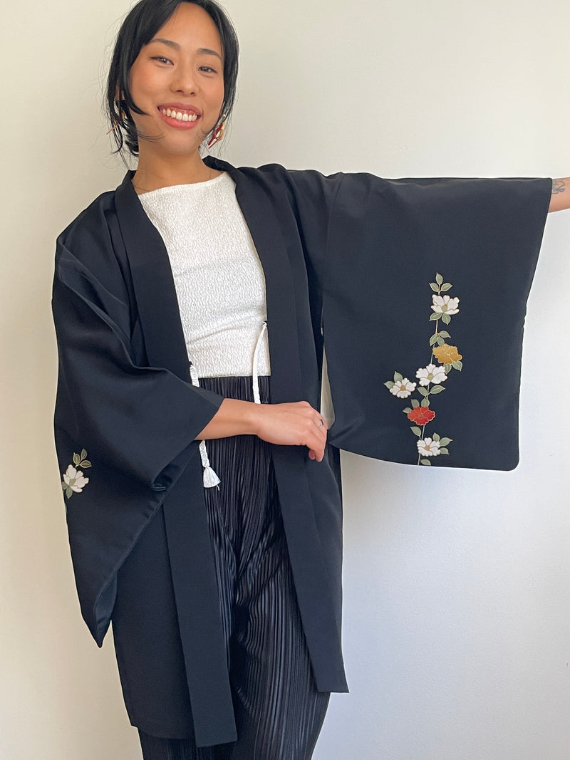 Haori Black with Painted Peonies in Silk